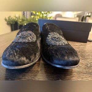 Donald J. Pliner Black Velvet Slip-Ons with Beaded Skull Crest 12M